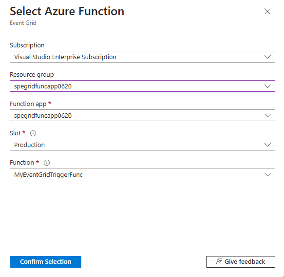 Captura de tela que mostra o painel para selecionar uma função do Azure criada anteriormente.