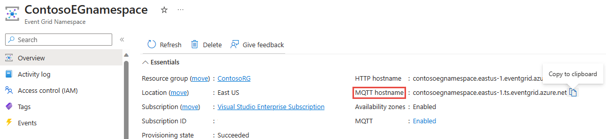 Captura de tela mostrando a página de visão geral do namespace Event Grid, que tem o nome do host MQTT.