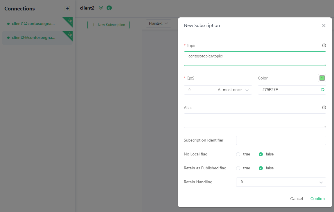 Captura de tela mostrando a configuração do tópico de assinatura no aplicativo MQTTX.