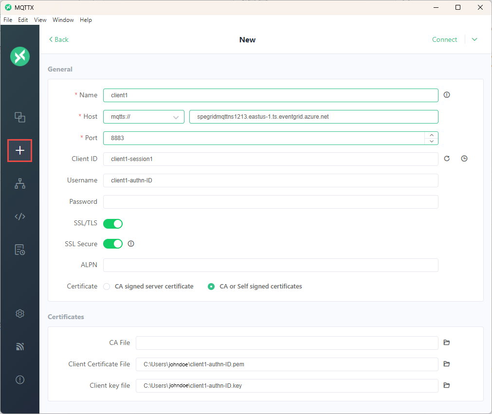 Captura de tela mostrando a parte 1 de configuração do cliente 1 no aplicativo MQTTX.