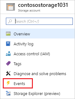 Screenshot that shows the Events option on the left menu of the Storage account page on the Azure portal.