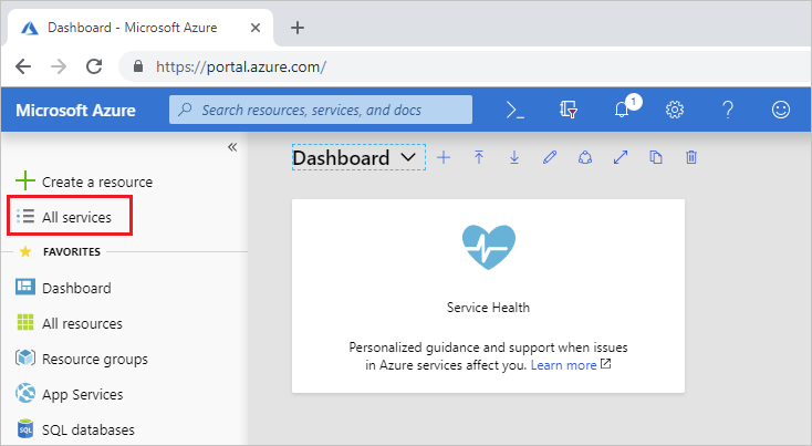 Screenshot that shows the Azure portal with All Services selected on the left menu.