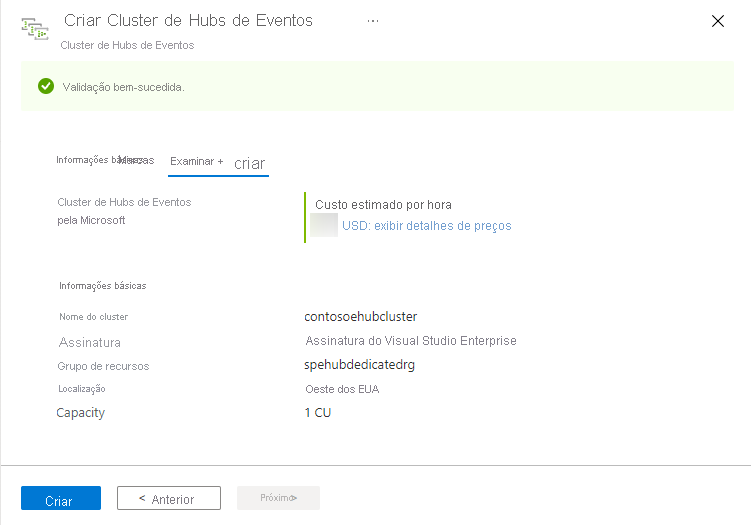 Imagem a mostrar a página Criar Cluster dos Hubs de Eventos – Rever + Criar página.