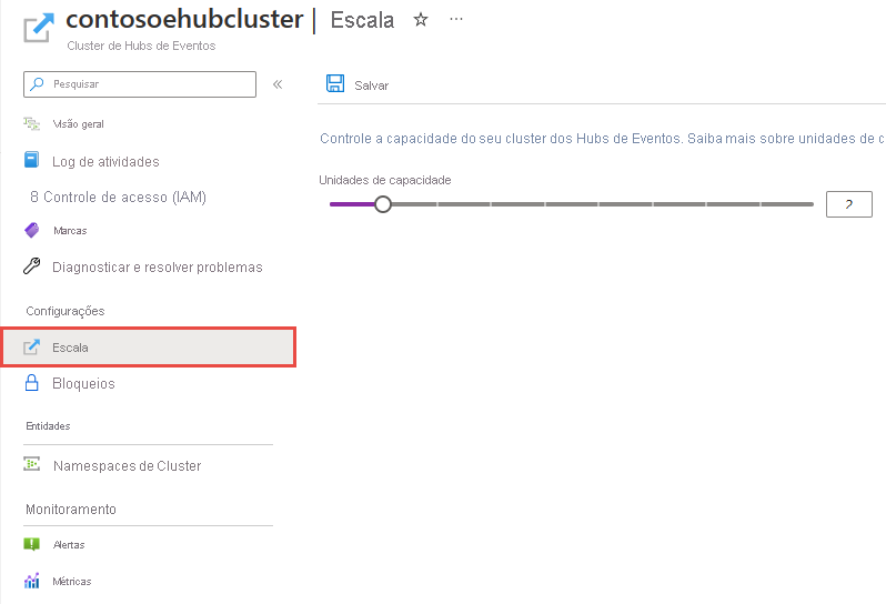 Captura de ecrã a mostrar o separador Dimensionar da página Cluster dos Hubs de Eventos.