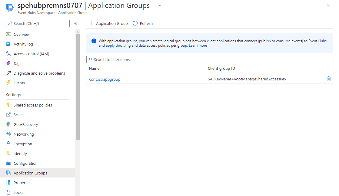 Screenshot da página de grupos de aplicação com o grupo de aplicações que criou.