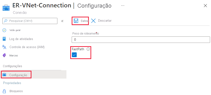 Screenshot da caixa de verificação FastPath na página de configuração de ligação.