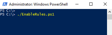 Captura de ecrã a mostrar a execução do script ativar regras na janela do PowerShell.