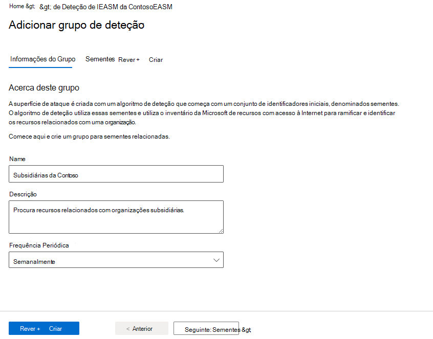 Captura de ecrã que mostra a primeira página da configuração do grupo de deteção.