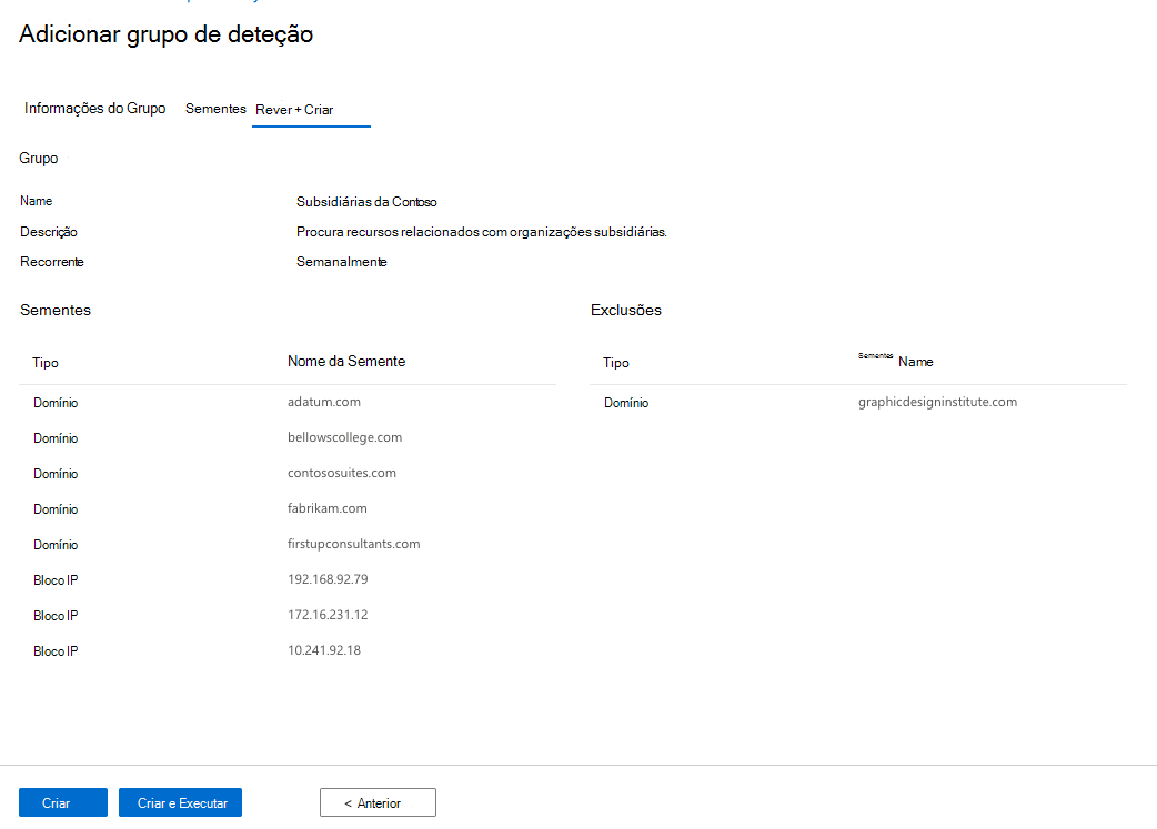 Captura de ecrã que mostra o ecrã Rever + Criar.