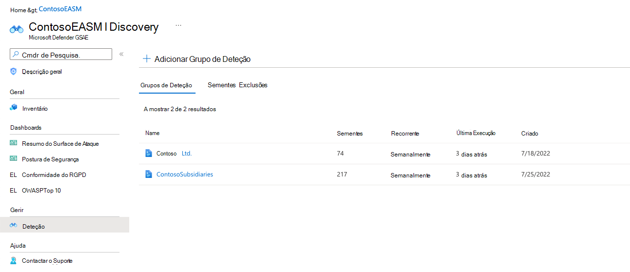 Captura de ecrã que mostra o ecrã dos grupos de deteção.
