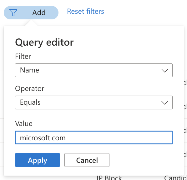 Captura de ecrã que mostra o editor de consultas a procurar um recurso com nome específico.