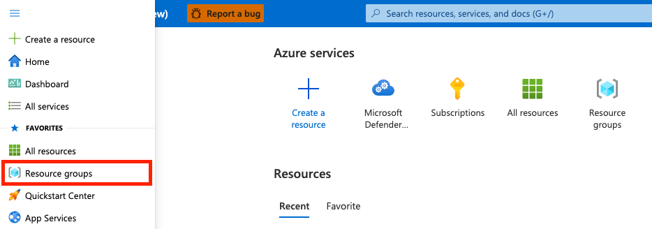 Screenshot do painel de grupos de recursos destacado na página inicial do Azure