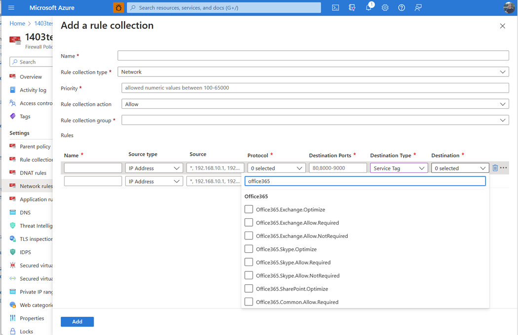 Screenshot showing Office 365 network rule collection.