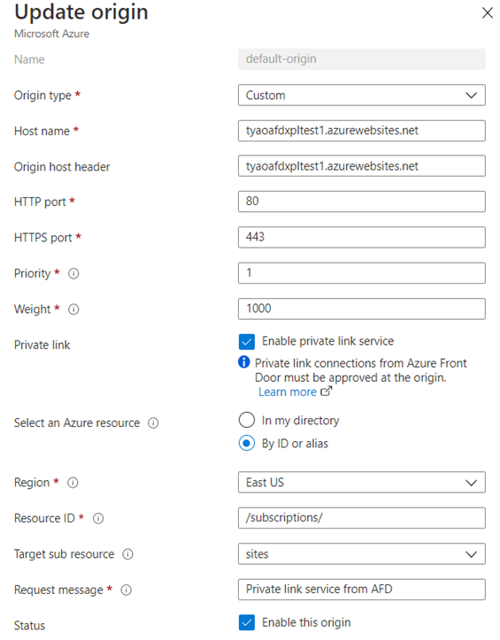 Screenshot de ativar Private Link caixa de verificação de serviço a partir da página de configuração de origem.