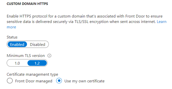 Captura de tela que mostra as configurações HTTPS de domínio personalizado