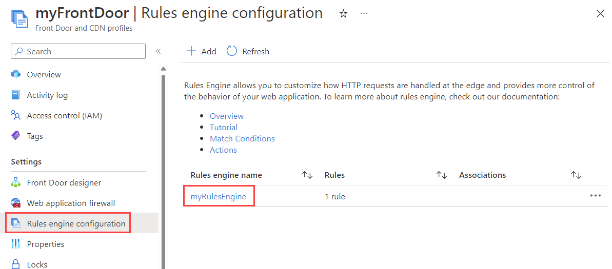 Screenshot mostrando regras página de configuração do motor da Porta frontal Azure.