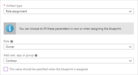 Captura de ecrã das opções de artefacto para a segunda atribuição de função a adicionar a uma definição de blueprint.
