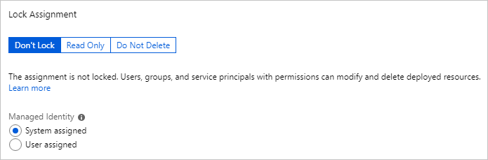 Captura de ecrã da atribuição de bloqueio e das opções de identidade gerida para a atribuição do blueprint.