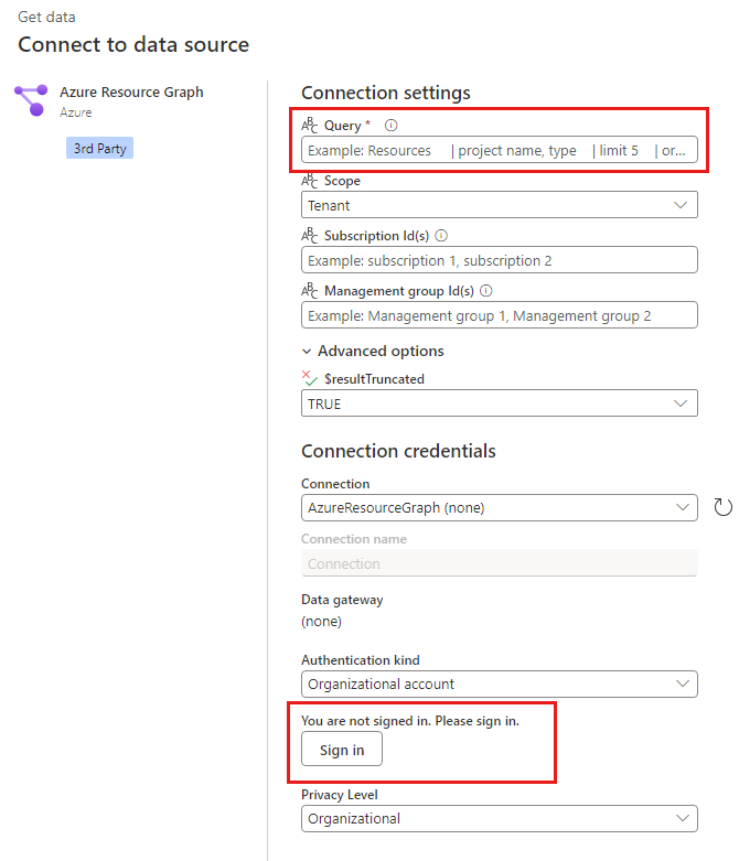 Captura de ecrã da caixa de diálogo Gráfico de Recursos do Azure do serviço Power BI para introduzir uma consulta e utilizar as predefinições.