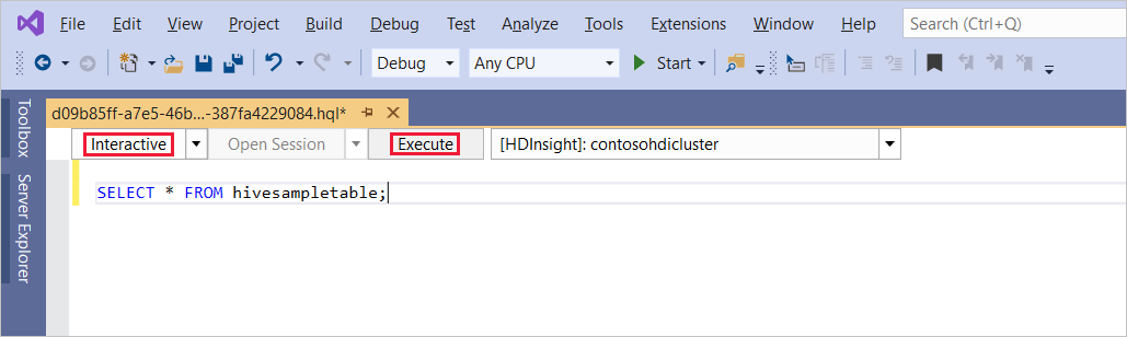 Execute consulta interativa do Hive, Visual Studio.