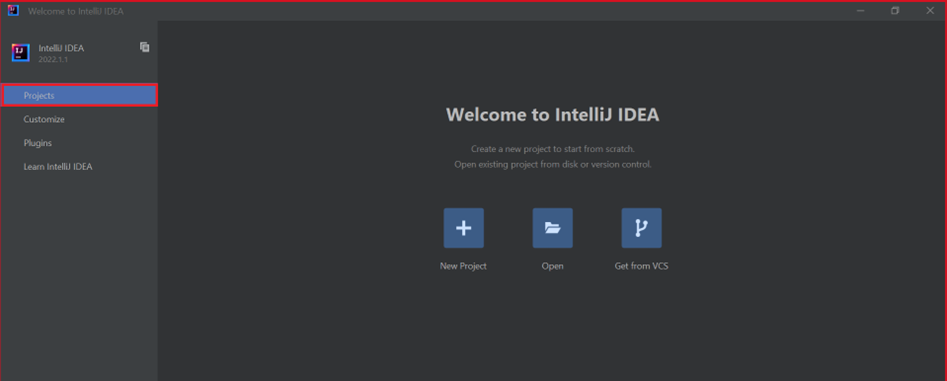 Captura de ecrã a mostrar o Ecrã de Boas-vindas do IntelliJ.