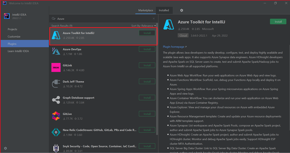 Captura de ecrã a mostrar o IntelliJ Azure Tool Kit.