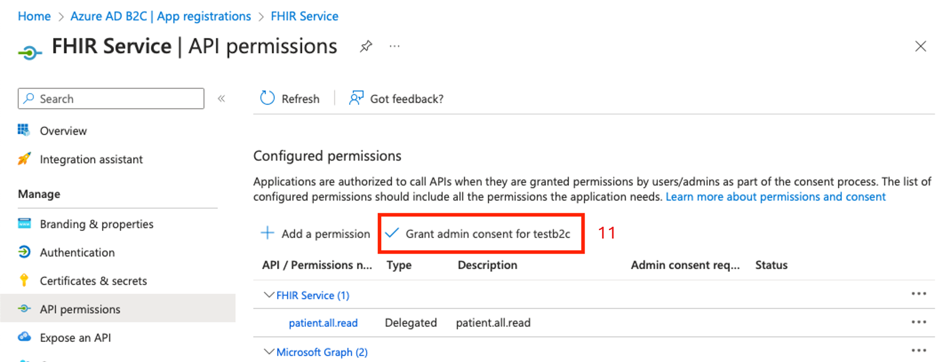 Captura de tela mostrando as permissões da API B2C para consentimento do administrador.
