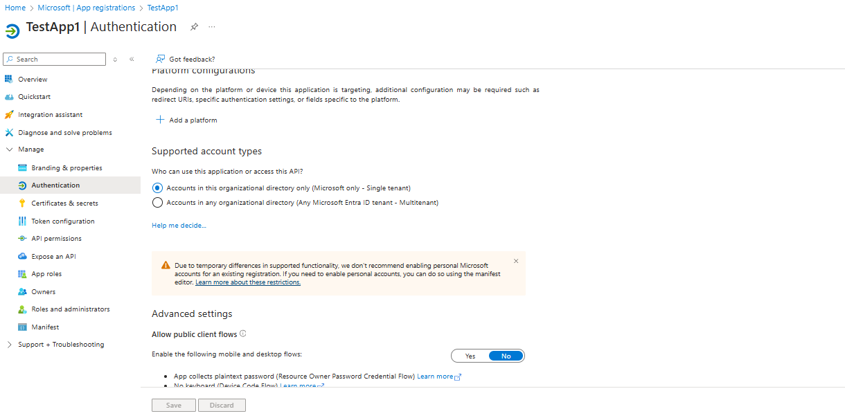 Captura de tela que mostra as configurações de Autenticação onde