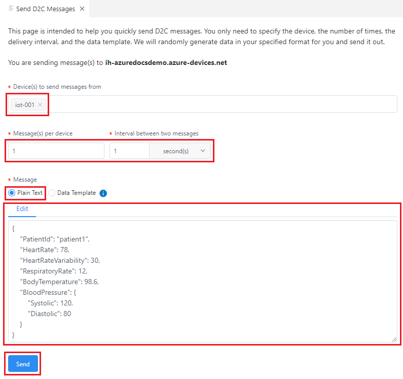 Screenshot that shows Visual Studio Code with the Azure IoT Hub extension with the device message options selected.