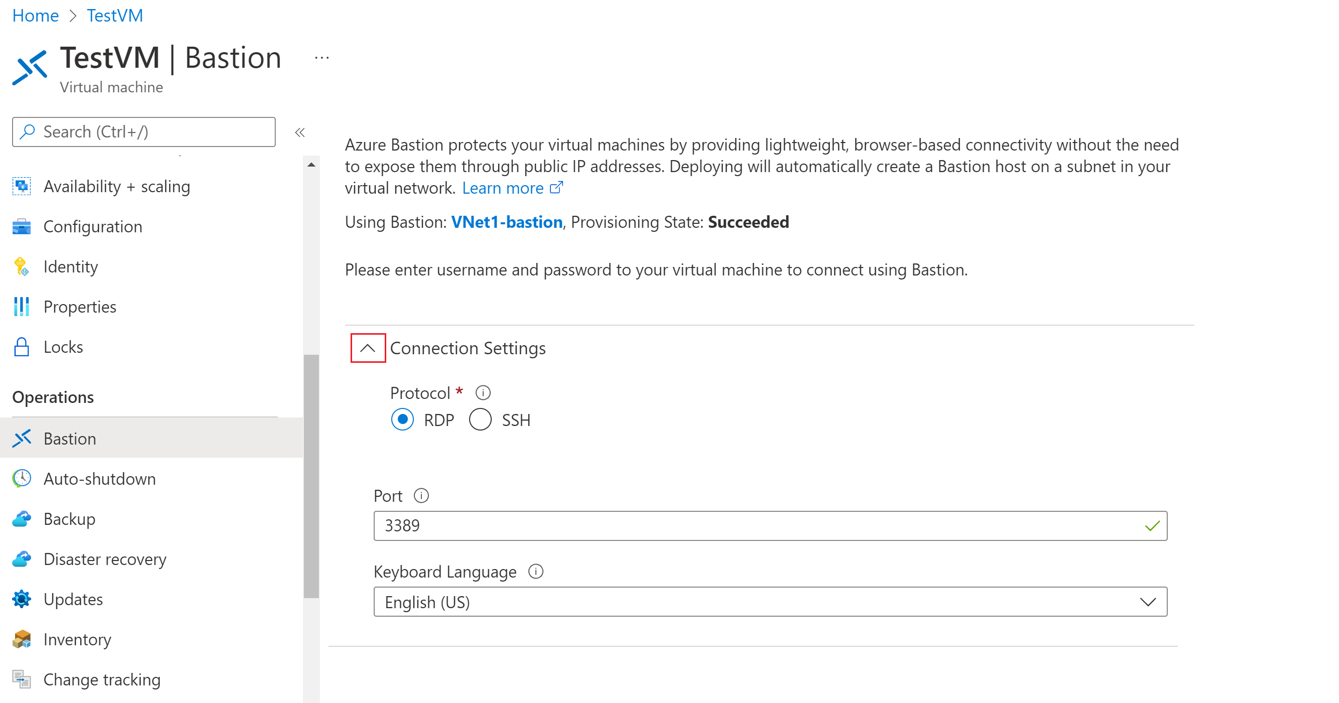 Captura de ecrã das definições de ligação expandidas.