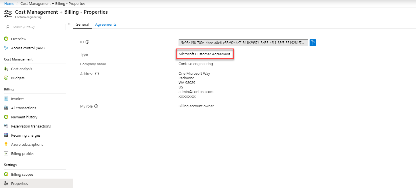 Captura de ecrã que mostra o contrato de cliente Microsoft na página de propriedades