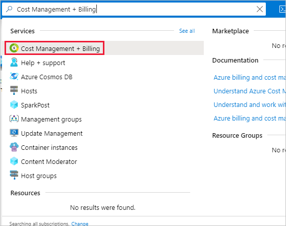 Captura de ecrã que mostra uma pesquisa do portal do Azure por Cost Management + Faturação.