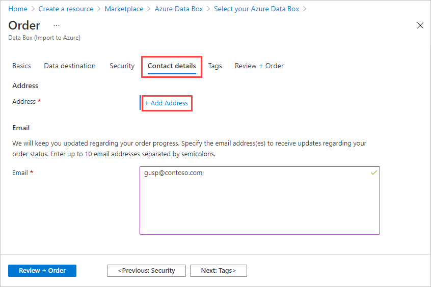 Captura de ecrã do separador Detalhes de Contacto para uma encomenda Data Box. A guia Detalhes de contato e a opção Adicionar endereço Plus são realçadas.
