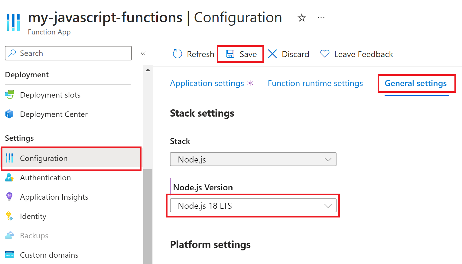 Captura de ecrã a mostrar a definição Node.js da aplicação de função para a versão LTS mais recente no portal do Azure. 