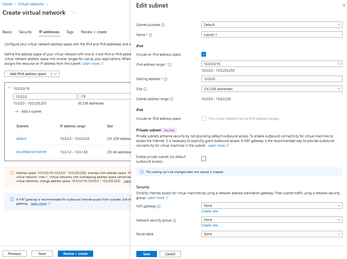 Screenshot of configuration details for a subnet.