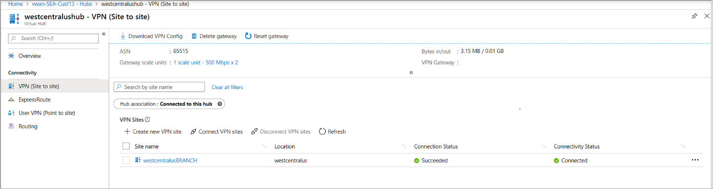 Screenshot that shows a site-to-site connection and connectivity status.