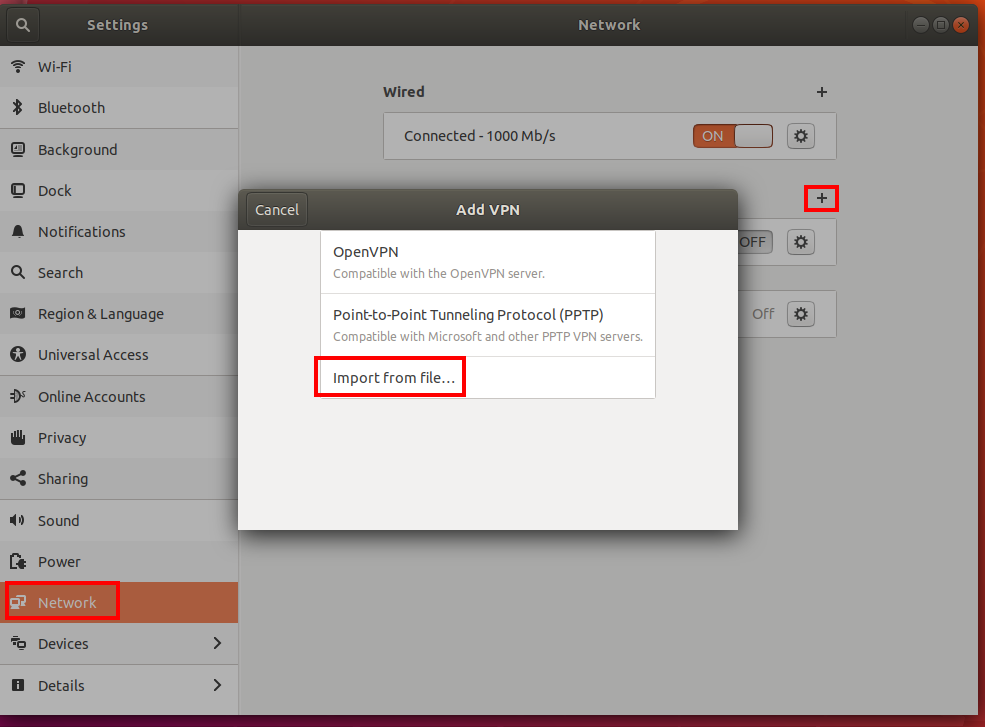 Captura de ecrã a mostrar a opção Importar do ficheiro na página Adicionar VPN.