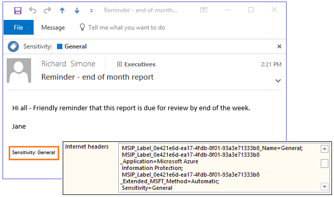 Exemplo de rodapé e cabeçalhos de email mostrando a classificação da Proteção de Informações do Azure