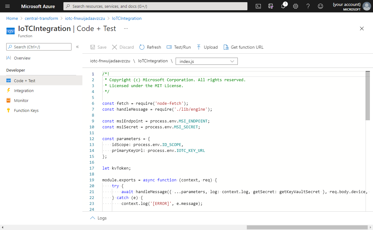 Captura de tela de uma definição do Azure Functions mostrando o código.