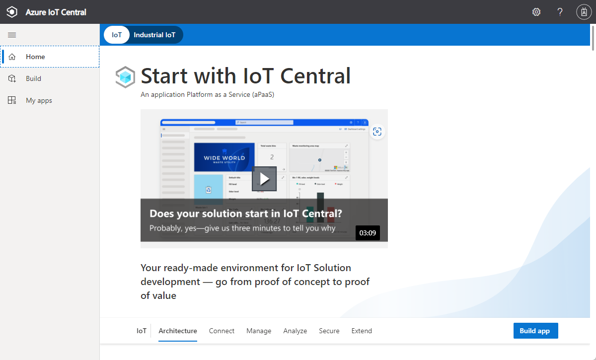Captura de ecrã da página do gestor de aplicações do IoT Central.