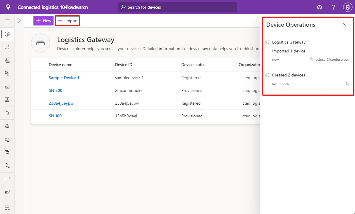 Captura de tela que mostra uma importação de dispositivo bem-sucedida.