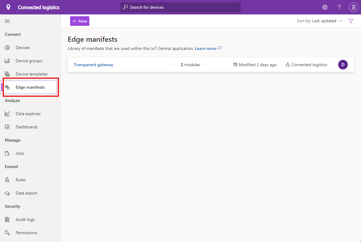 Captura de ecrã a mostrar IoT Edge página de manifestos onde pode gerir manifestos de implementação IoT Edge.