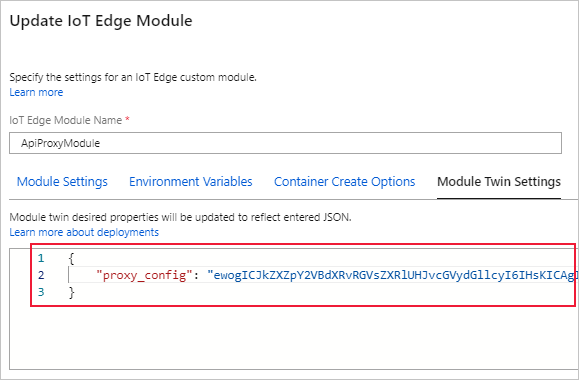 Captura de tela que mostra como colar o arquivo de configuração codificado como valor de proxy_config propriedade.
