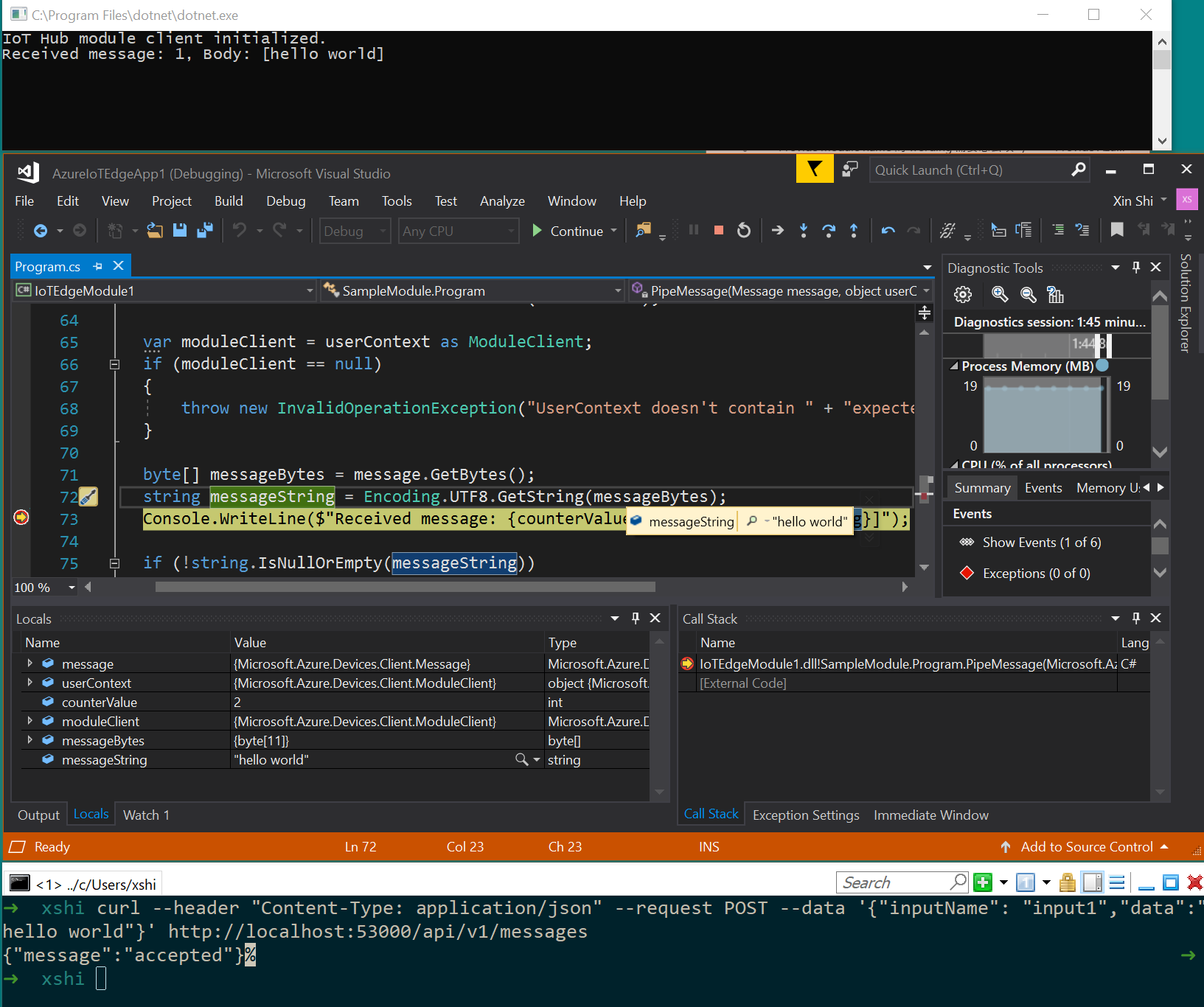 Captura de tela do console de saída, projeto do Visual Studio e janela Bash.