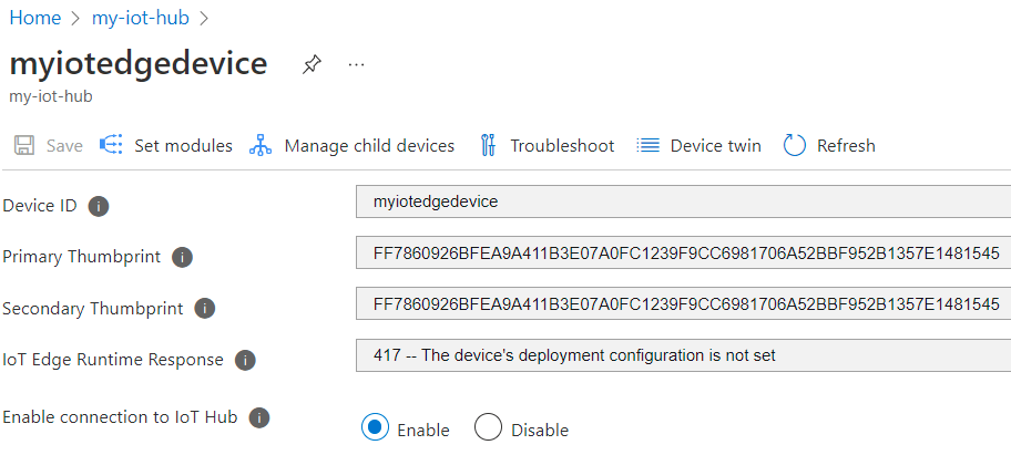 Uma captura de tela das configurações do dispositivo do Hub IoT no portal do Azure. Os campos de impressões digitais do certificado mostram valores.