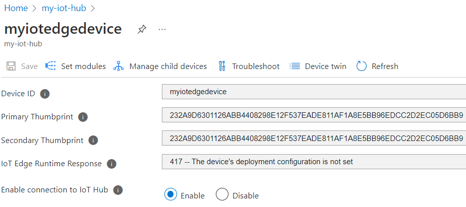 Uma captura de tela das configurações do dispositivo do Hub IoT no portal do Azure. Os campos de impressões digitais do certificado mostram novos valores.