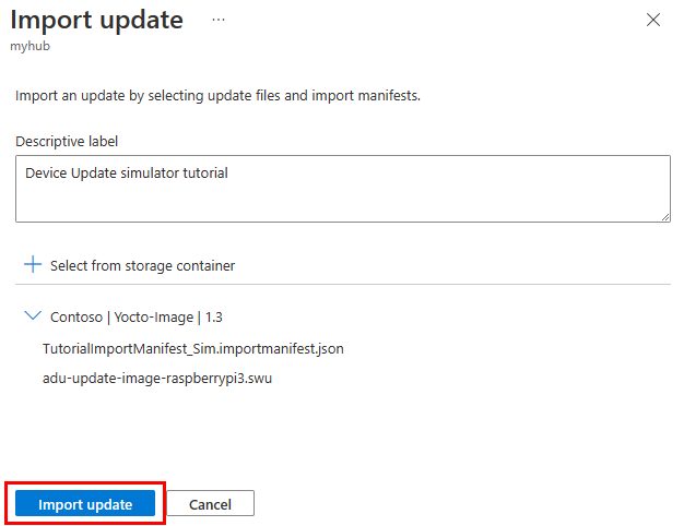 Captura de ecrã que mostra os ficheiros carregados que serão importados como uma atualização.
