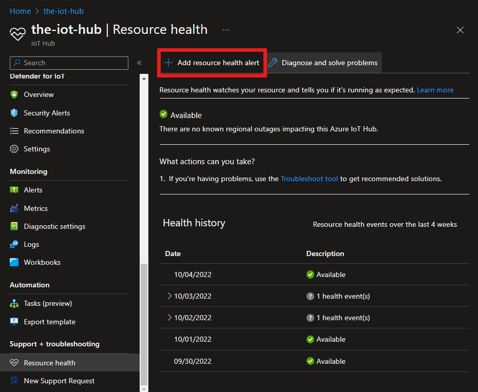 Screenshot da página 'Resource health' em um hub IoT