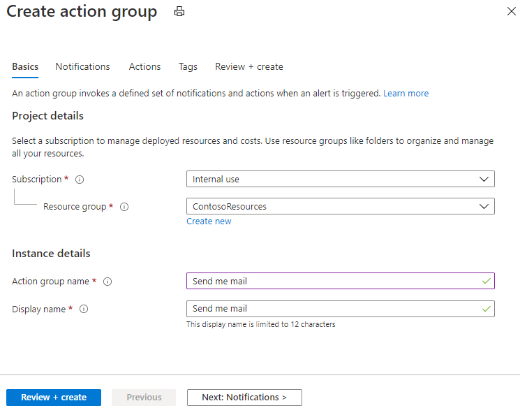 Captura de ecrã a mostrar o separador Noções básicas do painel Criar grupo de ações.