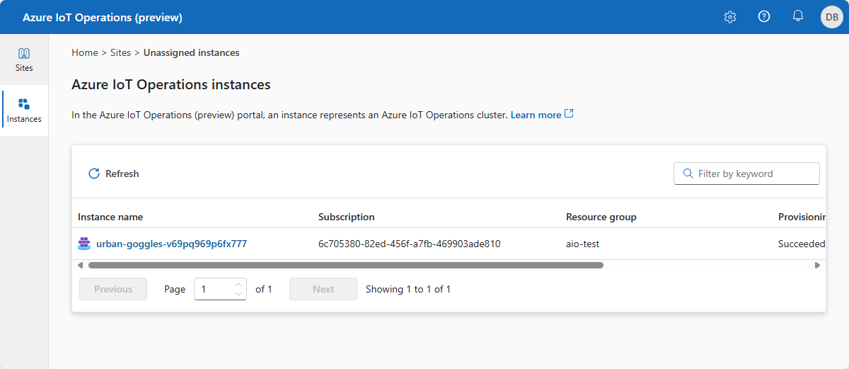 Captura de ecrã da lista de instâncias de Operações do Azure IoT.